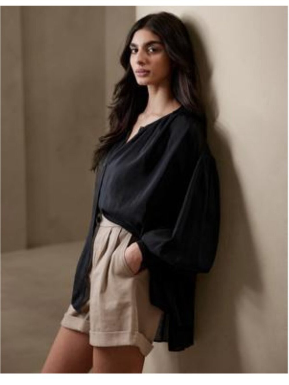 Banana Republic West Silk Blend Oversized Blouse Med Champagne Black Sheer
